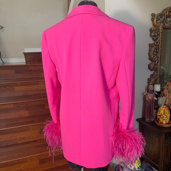 Zara Medium Hot Pink Blazer Jacket With Feathered Cuffed Sleeves Lined NWT - Picture 7 of 11